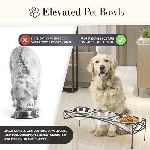 Regal Triple Diner - Triple Bowl Dog and Cat Feeder Stand - Ideal for Feeding Multiple Pets - Durable Wrought Iron Construction with 3-2 Qt Stainless Bowls - 26.5" L x 8" W x 7" H, Black - view 3