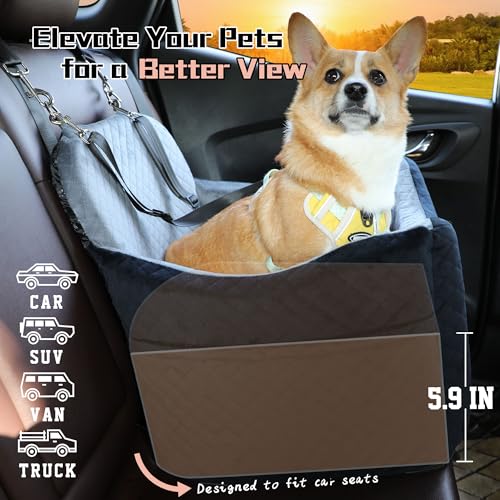 Dog Car Seat for Small/Medium Dogs,Pet Booster Seat with Harness,Memory Foam and Velvet,Safety Comfy Car Travel Pets Carrier,Interior Elevate,Washable and Detachable,Storage Pocket.(H-Black/Brown) - view 3