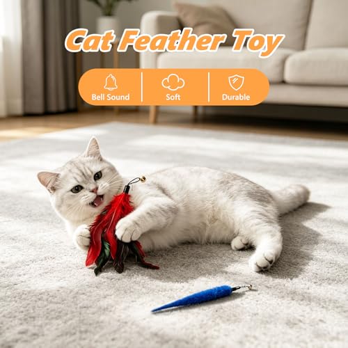 Cat Toys Interactive Feather Teaser Wand Set, 11 Pack Retractable Cat Fishing Pole Toy with Assorted Replaceable Attachments & Bells, Fun Hunting Exercise Toys - view 2