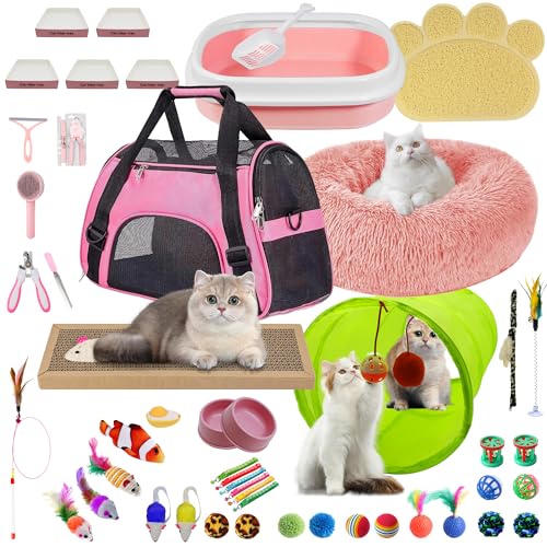 47PCS Kitten Essentials Starter Kit, 21PC Toy Set, Carrier, Litter Box Pink
