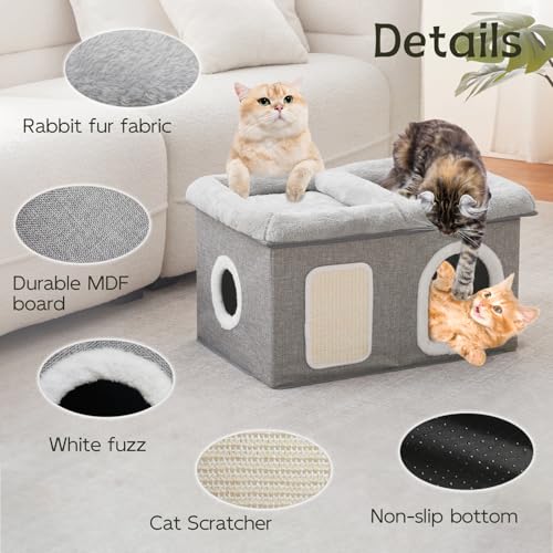 Cat House for Indoor Cats - 24.4" W Extra Wide Cat Bed Cave for Double Small Cats and Foldable with Scratch Pad, Cat Hideaway Condo for Kitten, 24.4x16.9x14.2 Inches, Light Grey - view 5