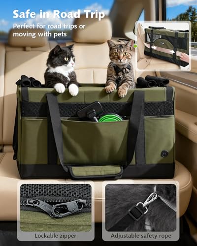 Large Cat Carrier, Soft Double Pet Crate for 2 Cats Travel, Green - view 4