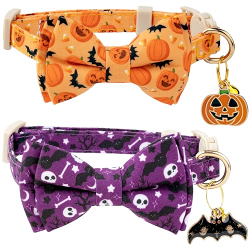 2 Pack Halloween Cat Collar with Bow Tie and Bell, Breakaway Safety Buckle, Purple Skull Bat and Orange Pumpkin Pattern