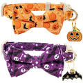 2 Pack Halloween Cat Collar with Bow Tie and Bell, Breakaway Safety Buckle, Purple Skull Bat and Orange Pumpkin Pattern