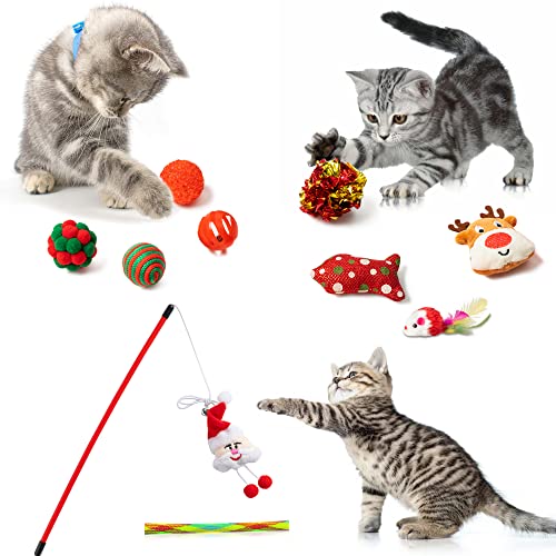 11Pcs Christmas Cat Stocking Toys Interactive Cat Toys Pack Including Feather Teaser Wand Catnip Mouse Crinkle Bells Ball Spring Toys for Indoor Cats, Christmas Hanging Stocking for Pet Cats - view 3