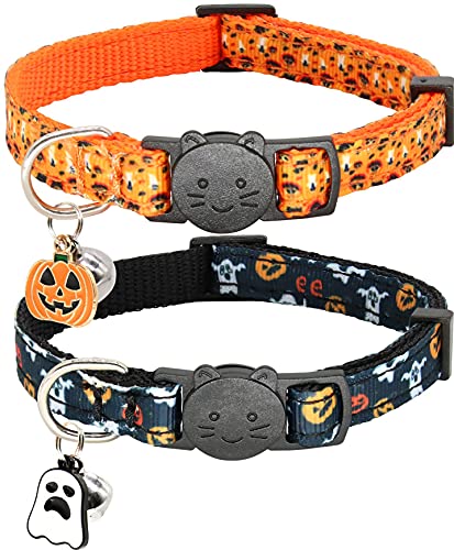 Halloween Cat Collar,2 Pack Collar with Bells, Orange+Black
