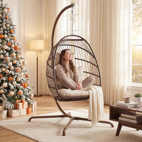 Outdoor Egg Hanging Chair with Stand, Indoor Wicker Swing Egg Chair with Stand 350lbs, Patio Swinging Hammock Chair for Outside, Egg-Shaped Chair for Balcony Bedroom Porch, Brown with Cover - view 2