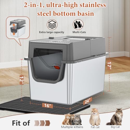 XXL Stainless Steel Litter Box with Lid, 24''x16''x17'' (12 '' Height Bottom Basin) Enclosed Stainless Steel Litter Box, Leak Proof High Edge, Suitable for Large Cats and Multiple Cats - view 7