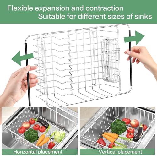 Large Dish Drainer Rack in Sink Adjustable, Expandable 304 Stainless Steel Metal Dish Drying Rack Organizer with Stainless Steel Utensil Holder Over Inside Sink Counter, Rustproof - view 6