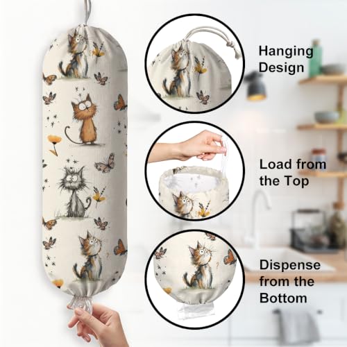 Adorable Cartoon Cat Washable Plastic Bag Holder, Reusable Wall Mount Grocery Bag Organizer for Home Kitchen Pantry Decor, Free Adjustment with Drawstring, Cat Lover Gifts for Women Mom Grandma - view 3