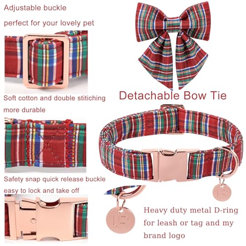 Christmas Plaid Dog Collar with Bow, Red and Blue Check Adjustable Pet Collar with Quick Release, Christmas Stripes Bowtie Collar for Small Medium Large Dogs S - view 2