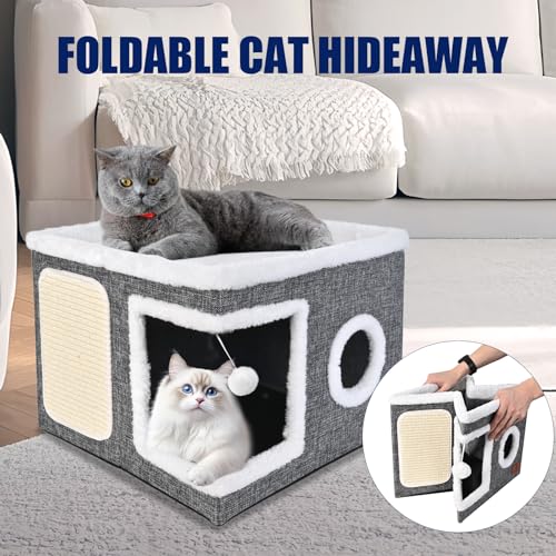Cat Beds for Indoor Cats, Large Cat Cave Bed with Scratch Pad and Fluffy Ball, Foldable Cat Hideaway, Cat House with Reversible Cushion for Multi Small Pet Up to 30LBS, Grey - view 5