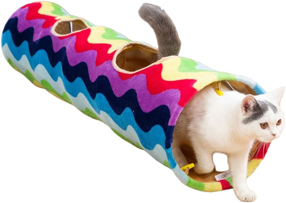 Cat tunnel - straight-shaped, rainbow wave color, soft velvet exterior, Oxford fabric fog-proof interior, plush toy ball, easily washable, conveniently foldable, 47.2in/120cm