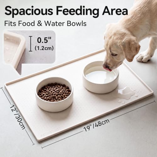 Dog Food Mat, Raised Edge Waterproof Silicone, 19x12", Ivory - view 2