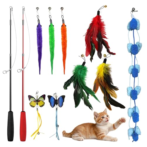Cat Toys Interactive Feather Teaser Wand Set, 11 Pack Retractable Cat Fishing Pole Toy with Assorted Replaceable Attachments & Bells, Fun Hunting Exercise Toys