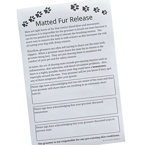 Matted Fur Release Forms for Dog Grooming Salons (Pad of 100, 5.5 X 8.5 Inches) - Addressing Mats