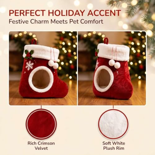 Christmas Stocking Cat Bed, Cozy Indoor Pet Cave House (Red) - view 5