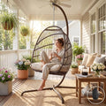 Outdoor Egg Hanging Chair with Stand, Indoor Wicker Swing Egg Chair with Stand 350lbs, Patio Swinging Hammock Chair for Outside, Egg-Shaped Chair for Balcony Bedroom Porch, Brown with Cover
