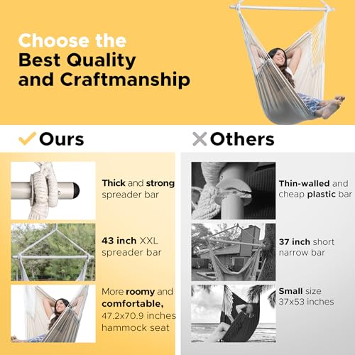 Hammock Chair Hanging Chair Rope Swing XXL - Max 500lbs, 70in Large Hammock Swing Chair -Portable Steel Spreader Bar with Anti-Slip Rings-Roomy & Strong - view 3