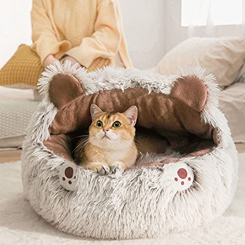 LIEMUAO Cat Beds for Indoor Cats Round Donut Cave Hooded Pet Bed Soft Cat Sleeping Enclosed House Machine Washable Pet Igloo Tent for Small Dogs, Puppy, Rabbit (L(19.7"x19.7"x3.1"), Grey) - view 3