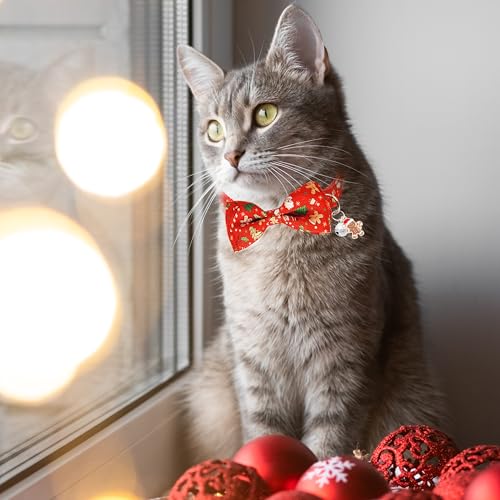 2 Pack Christmas Cat Collar with Bow Tie, Santa & Gingerbread Holiday Design, Adjustable Breakaway Collar with Bell for Kitties and Kittens - view 7