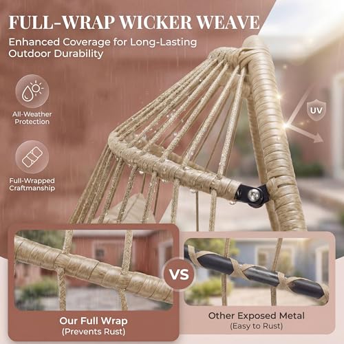Cozy Hanging Egg Chair with Stand Indoor Outdoor, Wicker Patio Basket Swing Chair with Cushion and Golden Legs, 350lbs Durable Sturdy Egg Hammock Chairs for Deck Balcony Backyard Porch, Cream - view 5