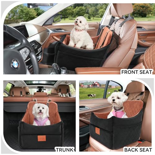 Dog Car Seat for Small/Medium Dogs, Dog Booster Car Seats with Thick Cushion for Dogs Under 35 lbs, Detachable Washable Pet Carseat with Storage Pockets, 2 Safety Belts(Black/Brown) - view 2