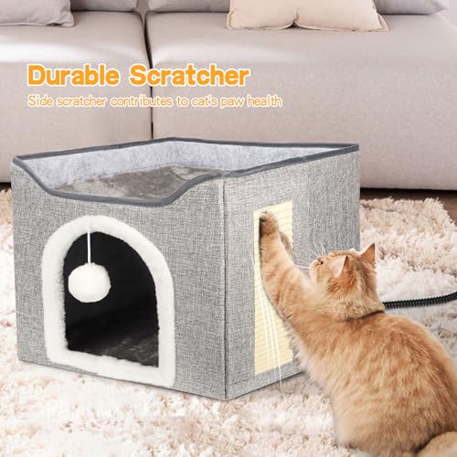 Heated Cat Bed for Indoor Cats, Foldable Cat House with Removable Heating Pad for Cats Small Dog Covered Cat Bed Cave Kitty Hideaway with with Scratch Pad, All Season Use - view 6