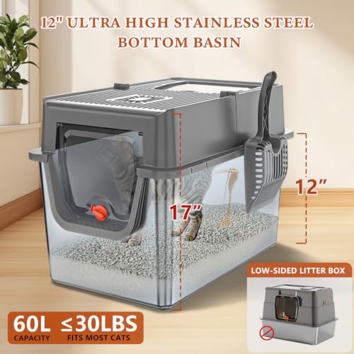 XXL Stainless Steel Litter Box with Lid, 24''x16''x17'' (12 '' Height Bottom Basin) Enclosed Stainless Steel Litter Box, Leak Proof High Edge, Suitable for Large Cats and Multiple Cats - view 4
