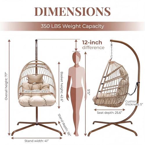 Cozy Hanging Egg Chair with Stand Indoor Outdoor, Wicker Patio Basket Swing Chair with Cushion and Golden Legs, 350lbs Durable Sturdy Egg Hammock Chairs for Deck Balcony Backyard Porch, Cream - view 3