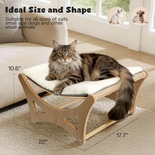 Cat Hammock Bed, Wooden Elevated Cat Beds with Natural Sisal Scratching Mat, Cats Scratcher Bed with Removable Soft Cushion, Cats Scratching Beds with Wood Frames, 22" L x 17.7" W - view 2