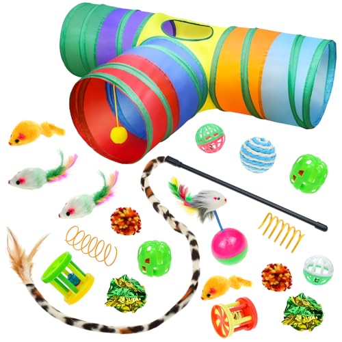 Cat Toys Kitten Toys Set, Collapsible Cat Tunnels for Indoor Cats, Interactive Kitty Toys Cat Feather Toy Fluffy Mouse Crinkle Balls 3 Way Tube Tunnel Toys for Puppy Kitty Kitten