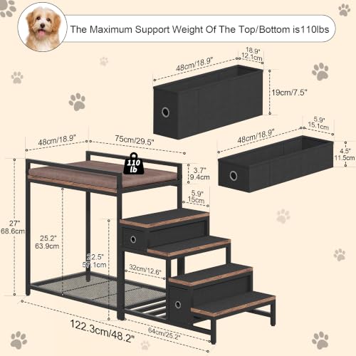 Pet Bunk Bed with Removable Stairs and 2 Drawers, Dogs/Cats Window Perch, Dog Window Seat with Soft Cushion, Ultra-Shallow Steps, Sturdy Metal Frame, Non-Slip, Load Capacity 60 LBS, Brown - view 2