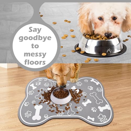 Dog Cat Food Mat,Rapid Absorbent Pet Feeding Mat, Bone Shaped Dog Placemat Water Bowl Mat with Rubber Backing,No Stains Dog Cat Food Mats Indoor, Pet Accessories Supplies 12"x18" Grey - view 4