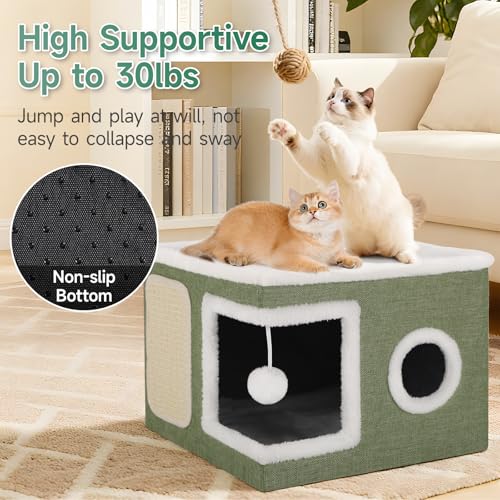Cat House Bed for Indoor Cats with Fluffy Ball and Scratch Pad Green - view 3