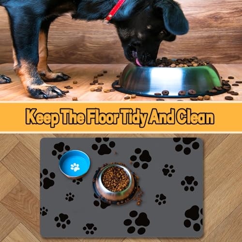 Pet Feeding Mat-Cat Dog Mat for Food and Water Bowl, Absorbent Quick Dry Food Mat Anti-Slip No Stains Dog Placemat with Footprints for Messy Drinkers,12"x20"Dark Grey - view 3