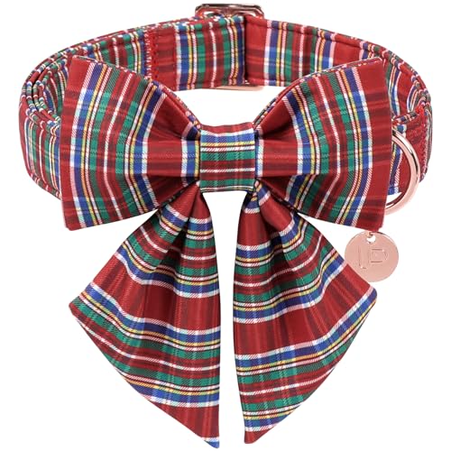 Christmas Plaid Dog Collar with Bow, Red and Blue Check Adjustable Pet Collar with Quick Release, Christmas Stripes Bowtie Collar for Small Medium Large Dogs S