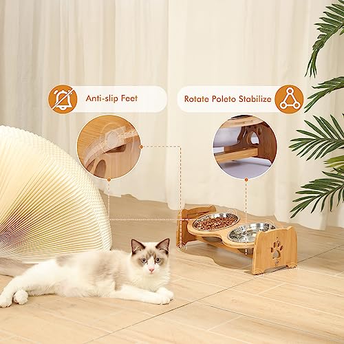 Elevated Dog Bowls for Cats and Dogs, Adjustable Bamboo Raised Dog Bowls for Small Dog, Food and Water Set Stand Feeder with 2 Stainless Steel Bowls and Anti Slip Feet (Height 4" to 4.5") - view 4