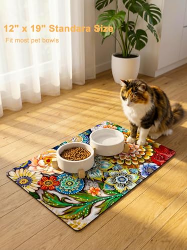 Dog Food Mat, 12" x 19" Flower Absorbent Dog Cat Bowl Mat for Food and Water, Cute Anti-Slip Rubber Pet Feeding Rug Protect Floors, Puppy Placemat for Feeding & Watering Supplies,Mandala Floral - view 2