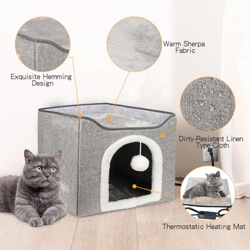 Heated Cat Bed for Indoor Cats, Foldable Cat House with Removable Heating Pad for Cats Small Dog Covered Cat Bed Cave Kitty Hideaway with with Scratch Pad, All Season Use - view 4