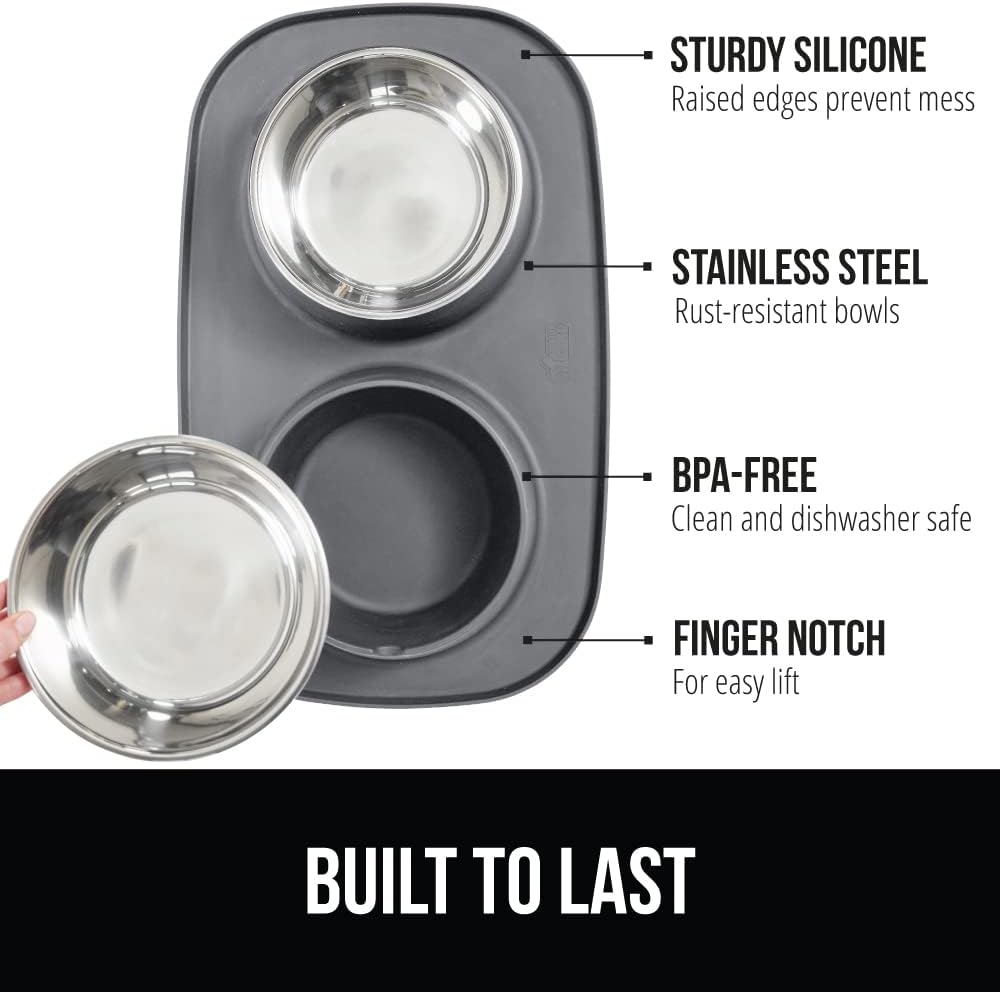 Dog bowl set with slip resistant silicone feeding mat, food grade 304 stainless steel bowls, BPA free, high edge spill containment, dishwasher safe, finger notch removal, 1 cup, gray - view 2