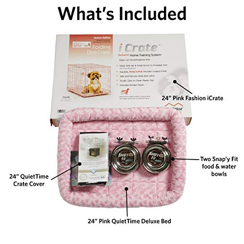 Pink Fashion iCrate Starter Kit, 24-inch Dog Crate Bundle for Small Dogs, Includes Crate, Pet Bed, 2 Bowls and Privacy Cover - view 2