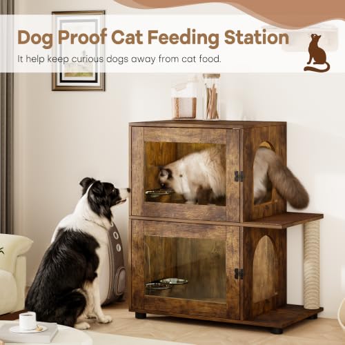 Double Dog Proof Cat Feeding Station, Wood Dog Proof Cat Feeder, Walnut - view 3