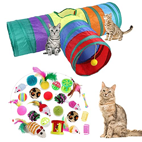 32Pcs Cat Toys Kitten Interactive Pet Toys Assortments, Foldable Rainbow Tunnel, Teaser Wand Fluffy Mouse Crinkle Balls Bell Play for Puppy Kitty (3 way)
