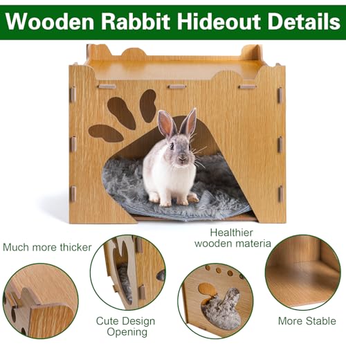 Rabbit Hideout Castle, Large Wooden Bunny Houses and Hideouts with Pet Pad, Detachable Small Animal Play Hideaway Hut and Playhouse for Indoor Bunnies Guinea Pig Hamster Chinchilla Gerbi - view 3