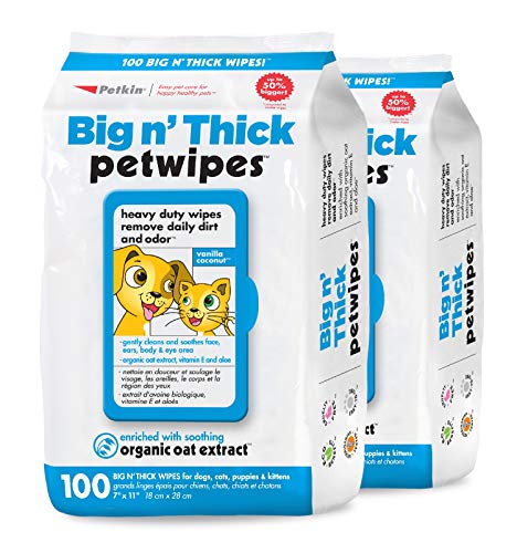 Large Pet Wipes for Dogs and Cats, 200 Count, Organic Oat Extract, Moistened with Gentle Cleaning Formula, Ideal for Home or Travel