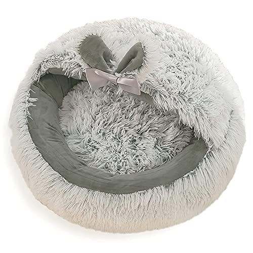 LIEMUAO Cat Beds for Indoor Cats Round Donut Cave Hooded Pet Bed Soft Cat Sleeping Enclosed House Machine Washable Pet Igloo Tent for Small Dogs, Puppy, Rabbit (L(19.7"x19.7"x3.1"), Grey)