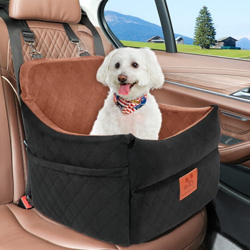 Dog Car Seat for Small/Medium Dogs, Dog Booster Car Seats with Thick Cushion for Dogs Under 35 lbs, Detachable Washable Pet Carseat with Storage Pockets, 2 Safety Belts(Black/Brown) - view 6