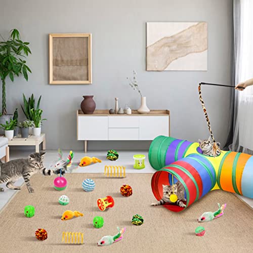 Cat Toys Kitten Toys Set, Collapsible Cat Tunnels for Indoor Cats, Interactive Kitty Toys Cat Feather Toy Fluffy Mouse Crinkle Balls 3 Way Tube Tunnel Toys for Puppy Kitty Kitten - view 2
