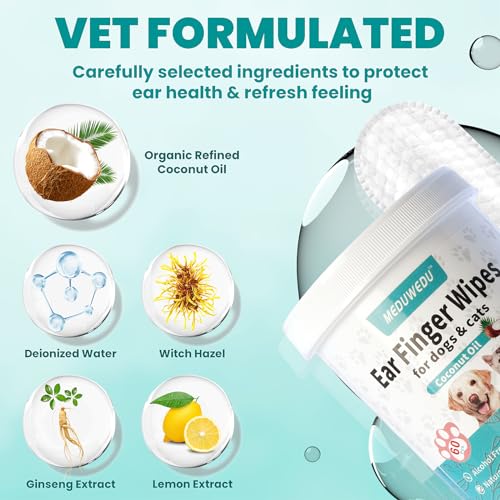 Ear Cleaner Finger Wipes 60 Counts, Dog Ear Cleaner, Grooming Kit Care for Dogs and Cats, Soft & Easy Otic Cleaning Pads, Remove Wax, Dirt & Stop Smelly, Itchy, Non-Irritating, Coconut Scent - view 3